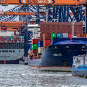 Container ships dock at the Euromax Terminal in the Port of Rotterdam. Photo: Frans Berkelaar