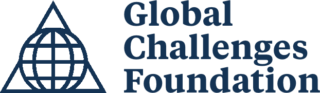 An outline of a triangle with a circle in the middle next to the words Global Challenges Foundation in dark blue