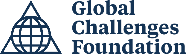 An outline of a triangle with a circle in the middle next to the words Global Challenges Foundation in dark blue