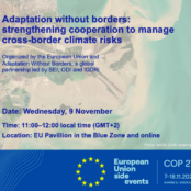 An aerial view of a river system with the text Adaptation without borders: Strengthening cooperation to manage cross border climate risks in blue