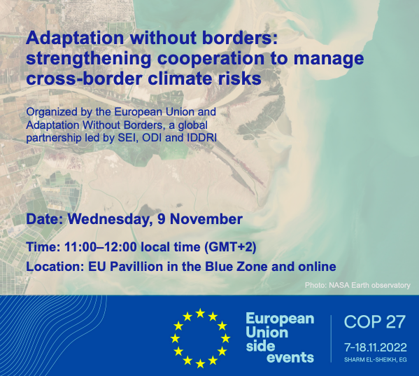 An aerial view of a river system with the text Adaptation without borders: Strengthening cooperation to manage cross border climate risks in blue