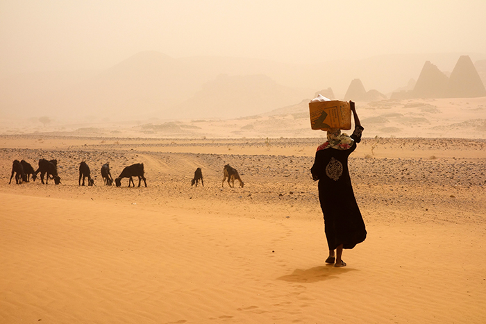 Woman carrying a basket in the desert.
