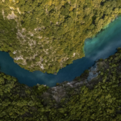An aerial view of a blue river meandering through green vegetation