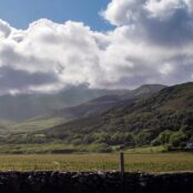 A field with stone wall and mountains in the background
