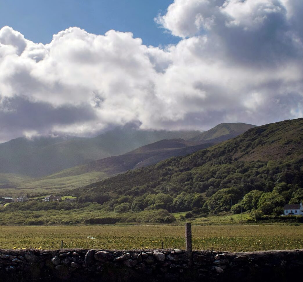 A field with stone wall and mountains in the background